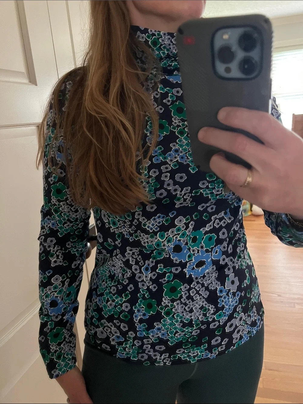 J. Crew Floral Printed Tissue Turtleneck large - navy teal multi